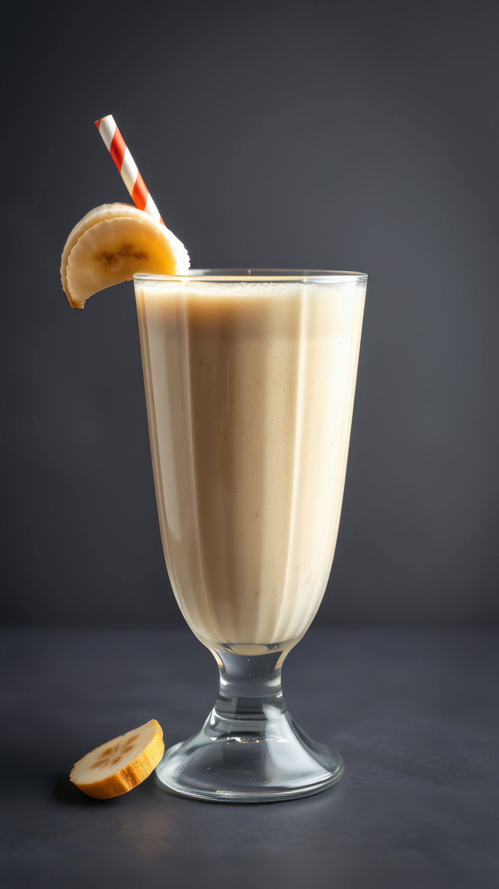 Creamy banana smoothie served in a tall glass with a straw and garnished with a banana slice